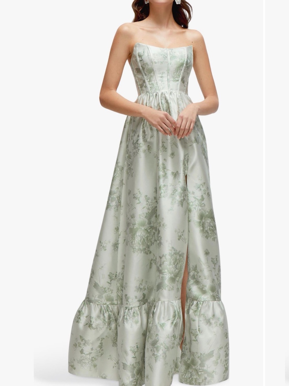 Dessy Collection Strapless Pale Green Floral Jacquard Gown Sage